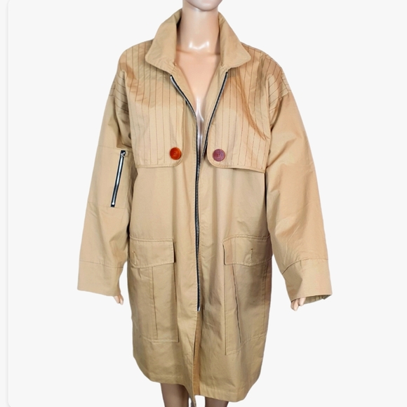 NWT Mens trench coat long Sz M/L korean overcoat beige Brown casual windbreaker - Picture 2 of 7